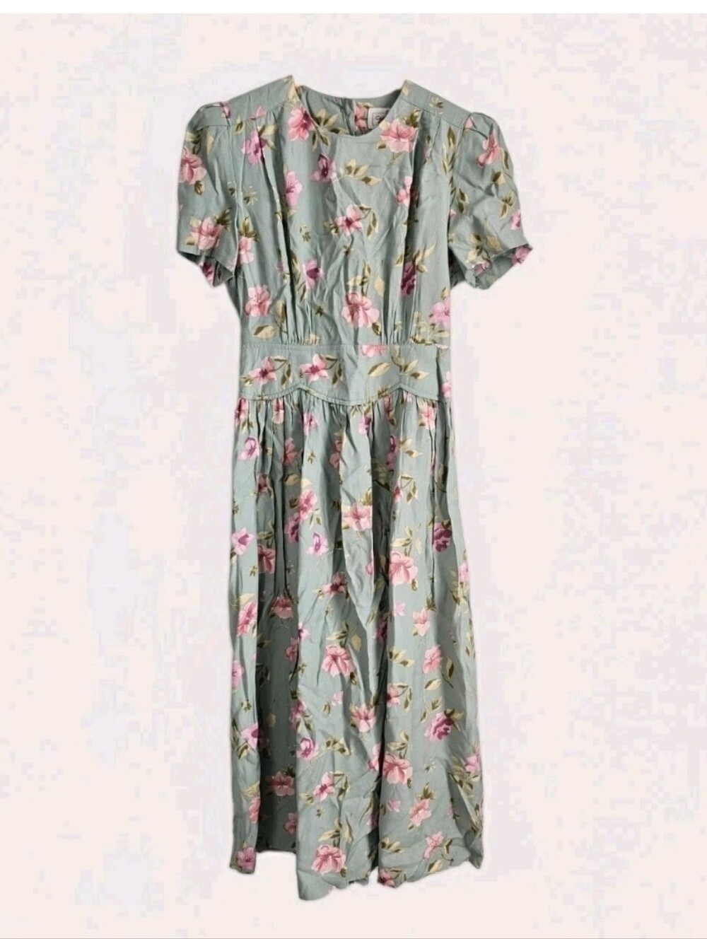 Vintage Worthington Dress Midi Sage Green Floral A-line Short Sleeves Size 4P